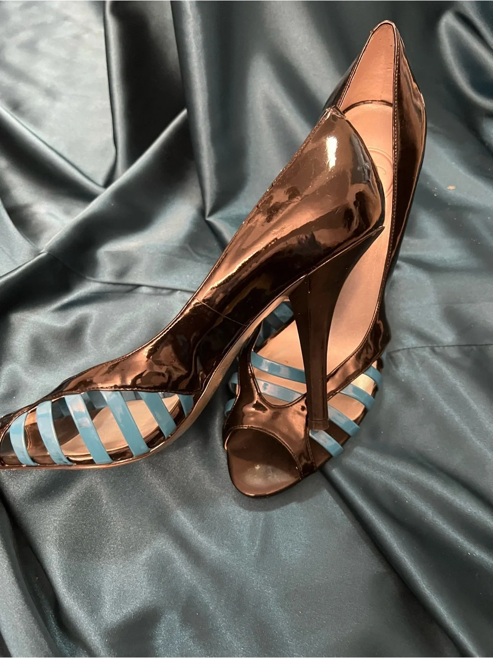 Jessica Simpson Black Patent Peep-Toe Heels with Blue Strap Details